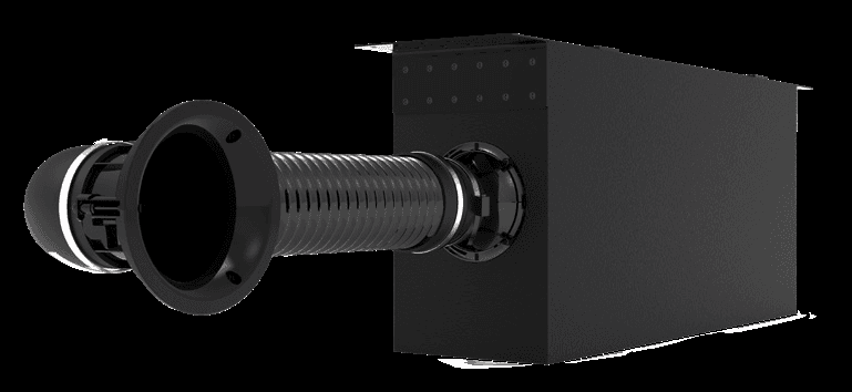 Black flexible tube with flange and housing