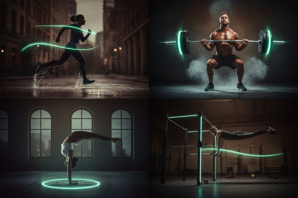 Collage of running, weightlifting, yoga, and calisthenics