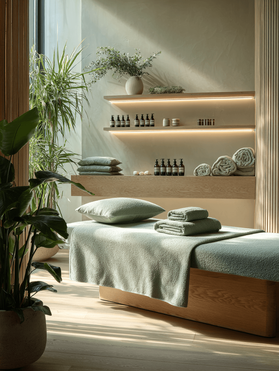 A cozy and inviting spa room with a neatly made bed, soft lighting, and warm wooden tones. The scene is partially framed by green plants, adding a natural and soothing touch.