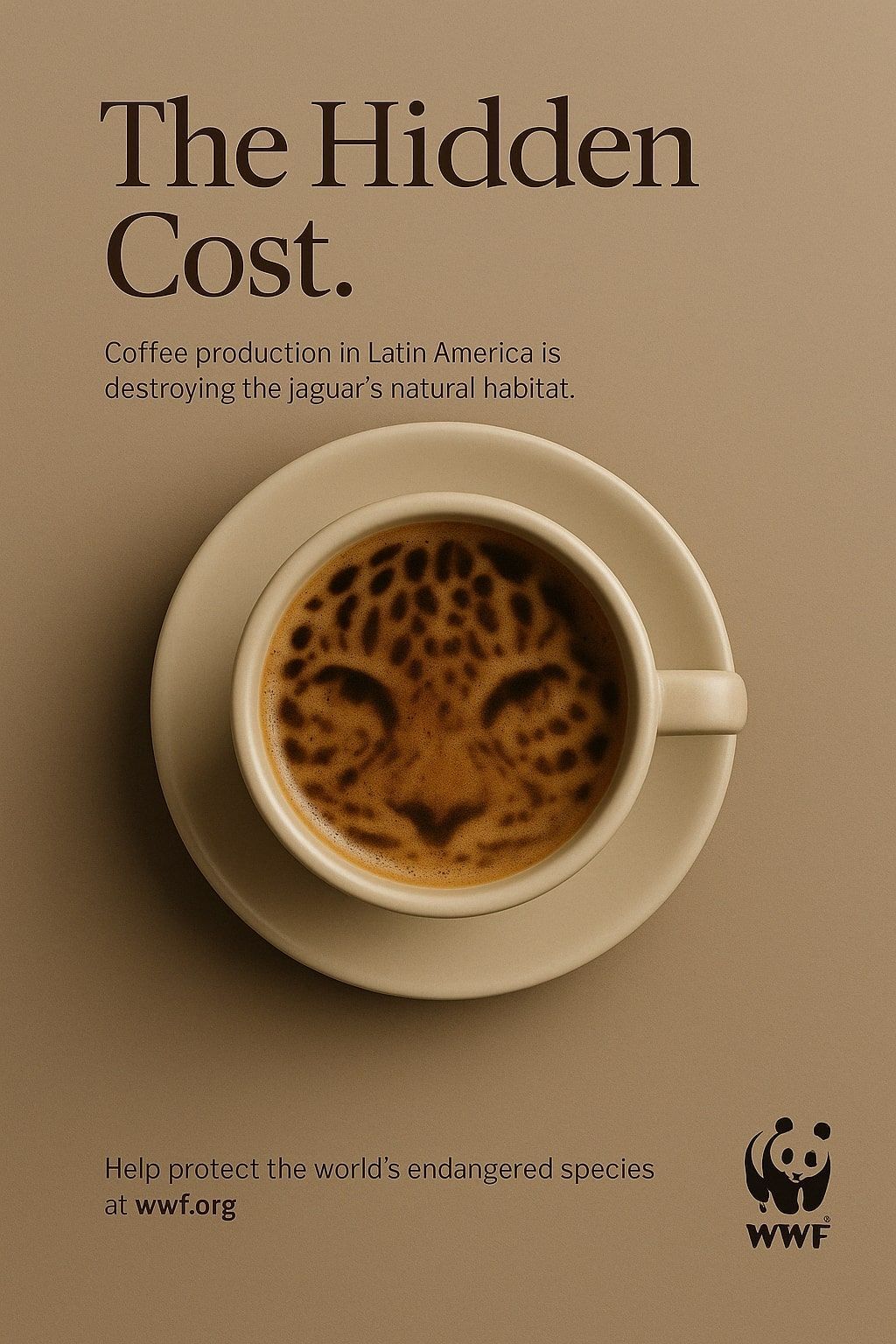 WWF-Kampagne, die das Gesicht eines Jaguars in einer Kaffeetasse zeigt. tumblebee Software zur Bewertung von Natur- und Biodiversitätsauswirkungen. Automatische Natureinsichten in großem Maßstab für Nachhaltigkeits- und Beschaffungsteams sowie Organisationen zur Wiederherstellung von Ökosystemen. Beachtung von ESRS, TNFD, EUDR, ESPR Vorschriften.