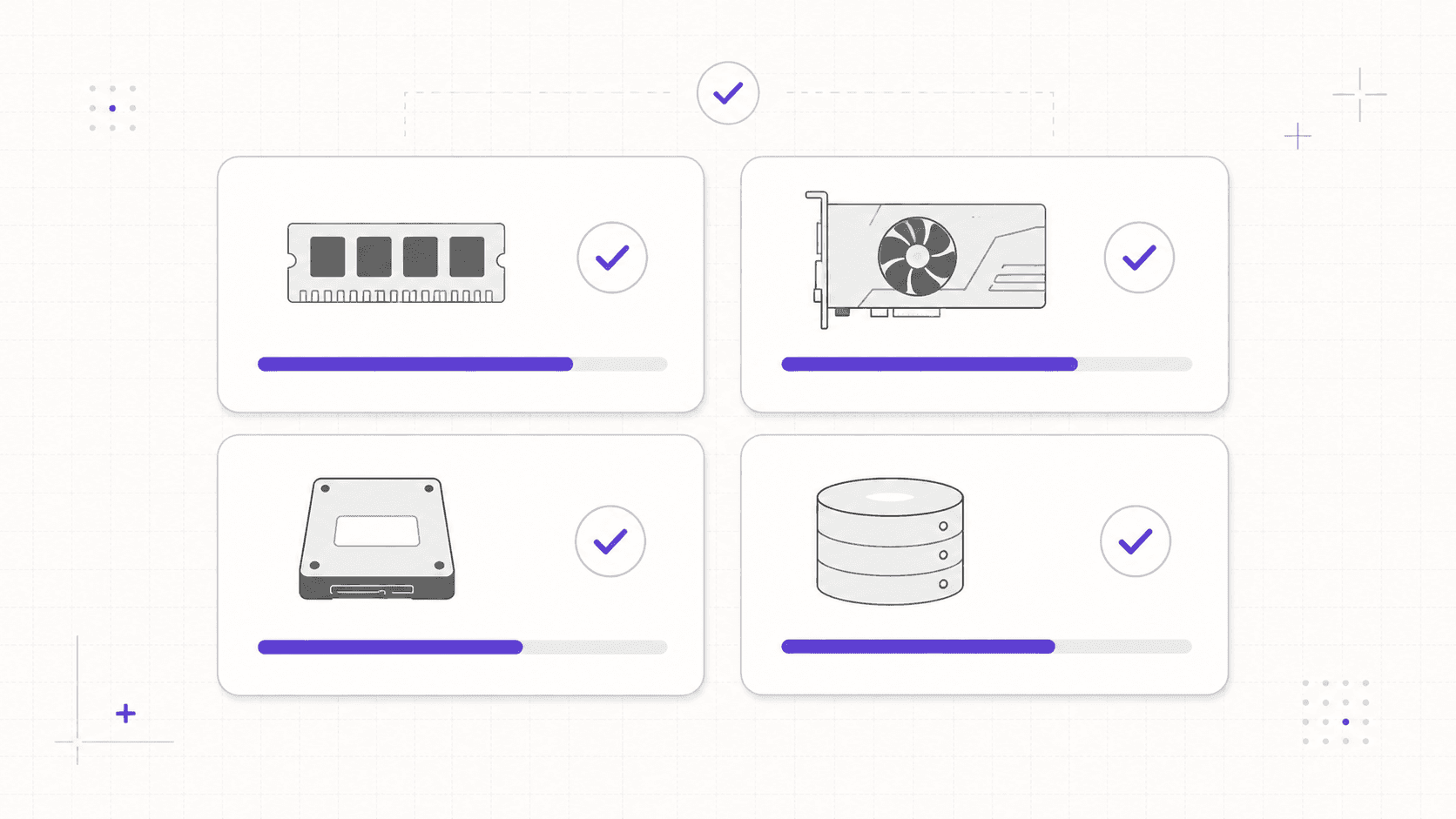 Simple device readiness dashboard with four performance cards showing RAM, GPU, storage, and scratch disk checks using progress bars and minimal hardware icons.