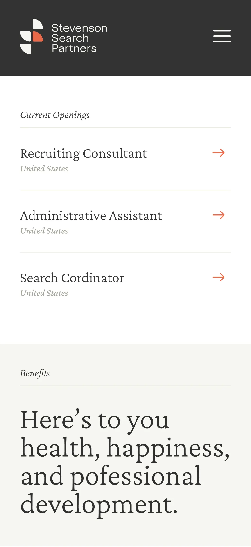 Stevenson Search Partners mobile website design – careers content