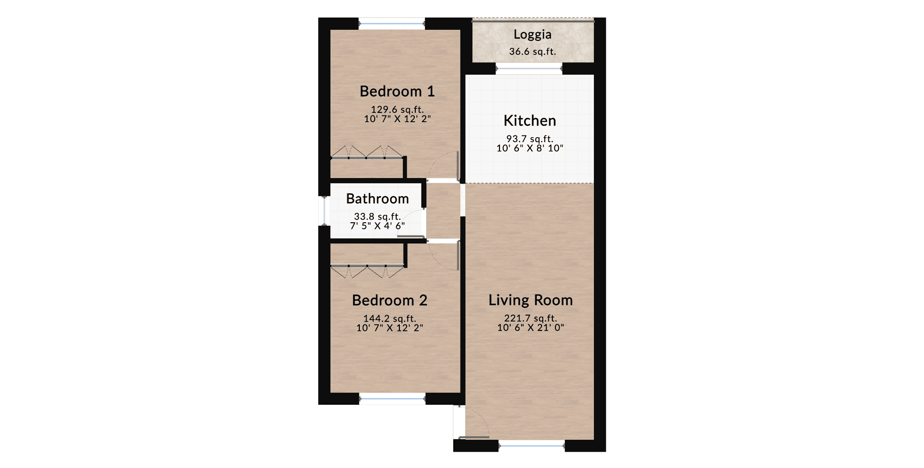 Empty floor plan of a modern two-bedroom apartment with labeled living room, bedrooms, kitchen, bathroom, and loggia.