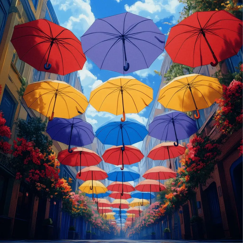 Image of floating umbrellas in the sky  in the USA generated by AI that covers the Insurance industry