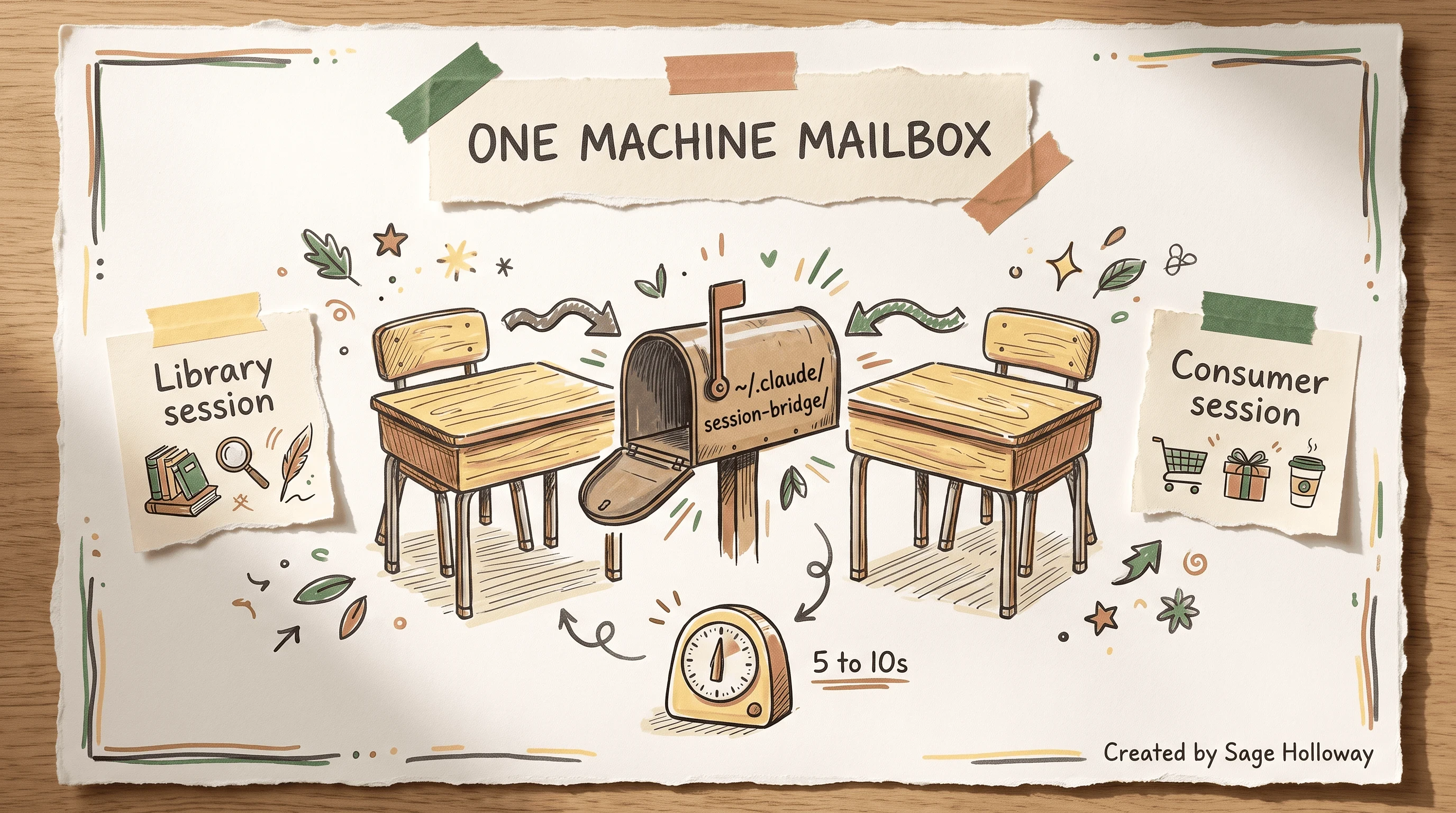 Scrapbook diagram of a file mailbox bridging two isolated Claude Code sessions on one machine