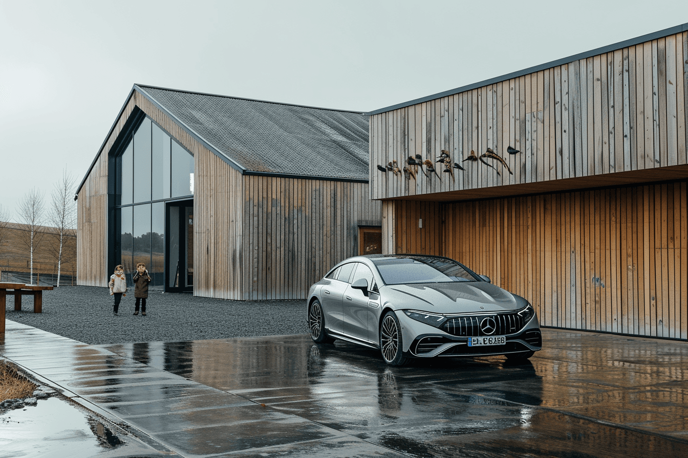 Charging a mercedes infront of a wooden building with children