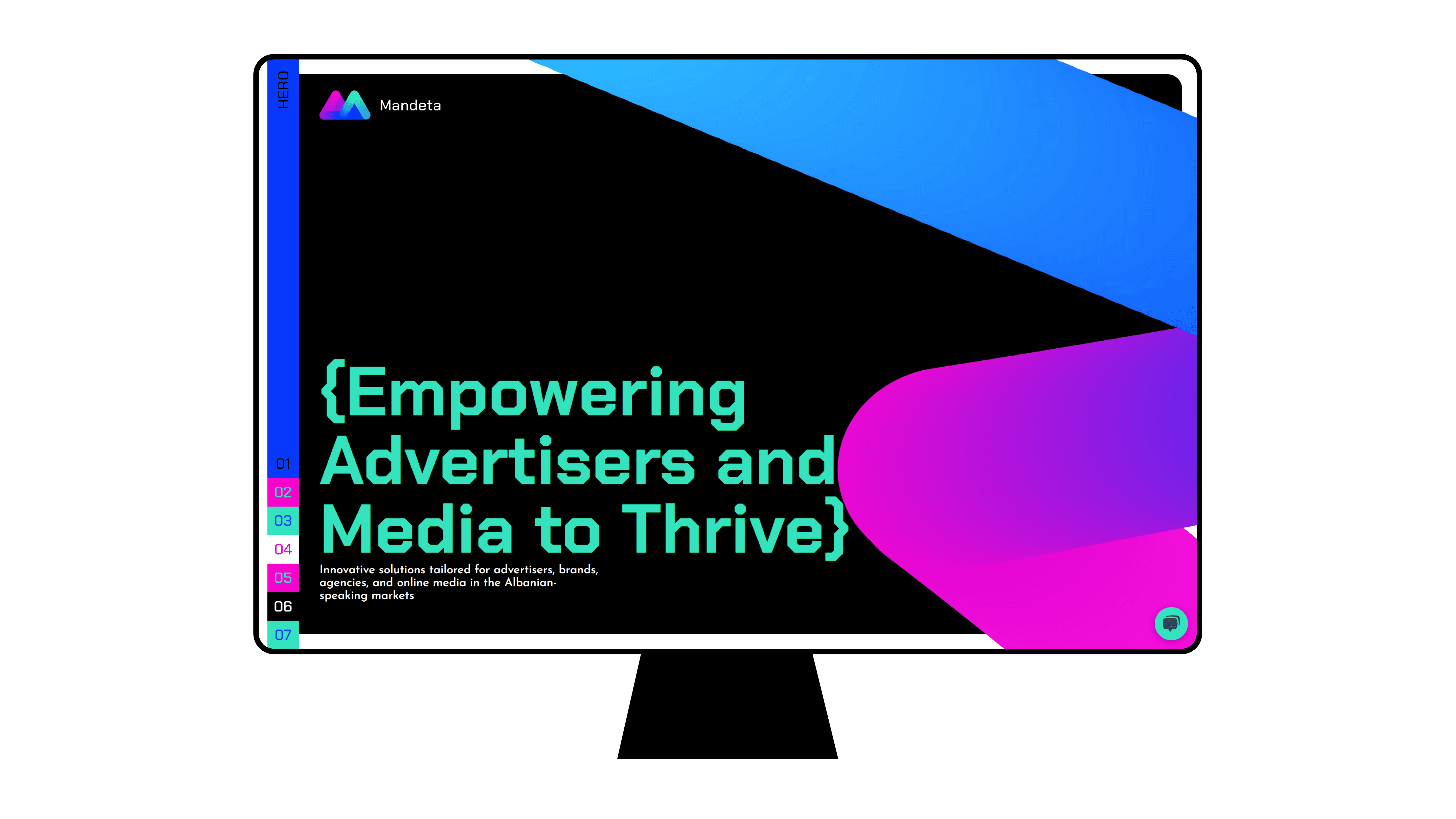 Desktop website mockup for Mandeta media agency designed by our team as part of the new brand identity