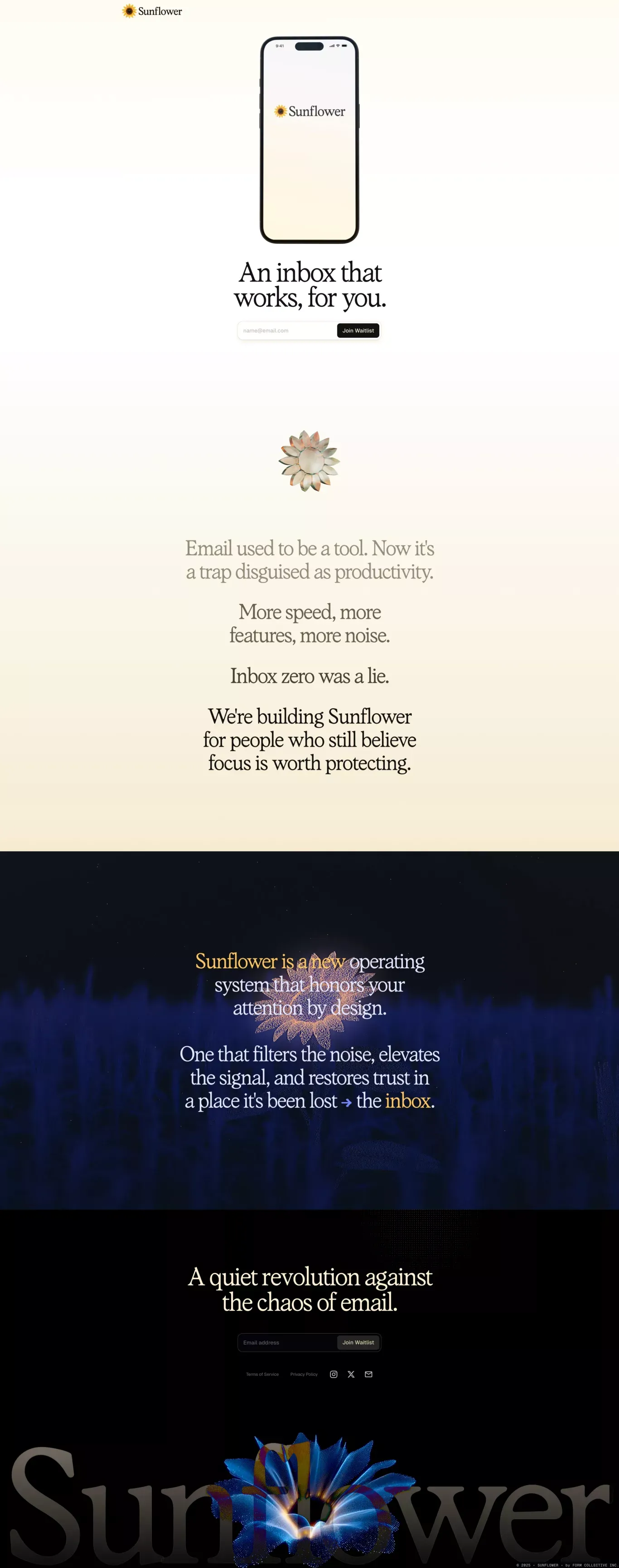 Sunflower. An inbox that works, for you. landing page screenshot showcasing Tech design