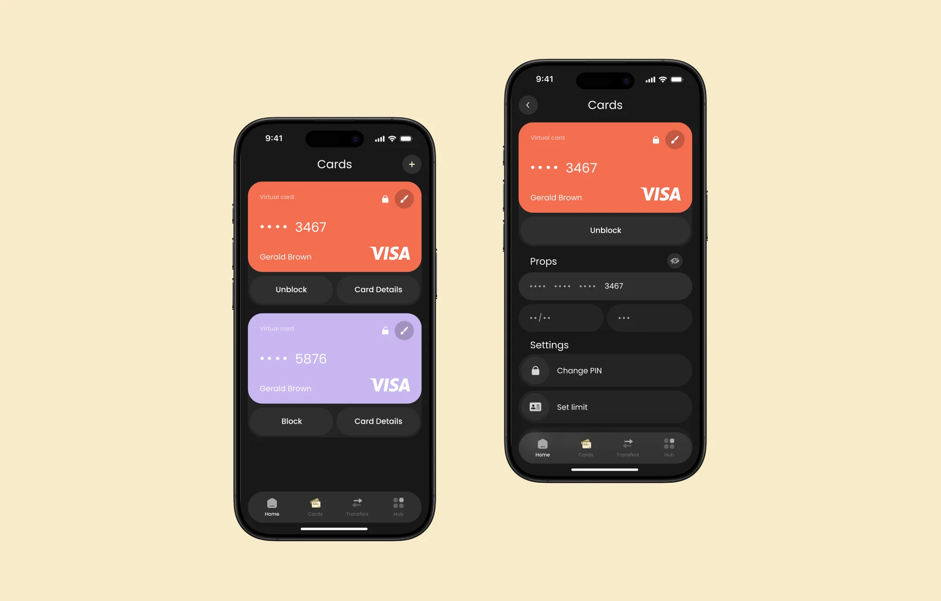 Nova app card management screens — Gerald Brown Visa card 3467 with Unblock, Props, and Settings options