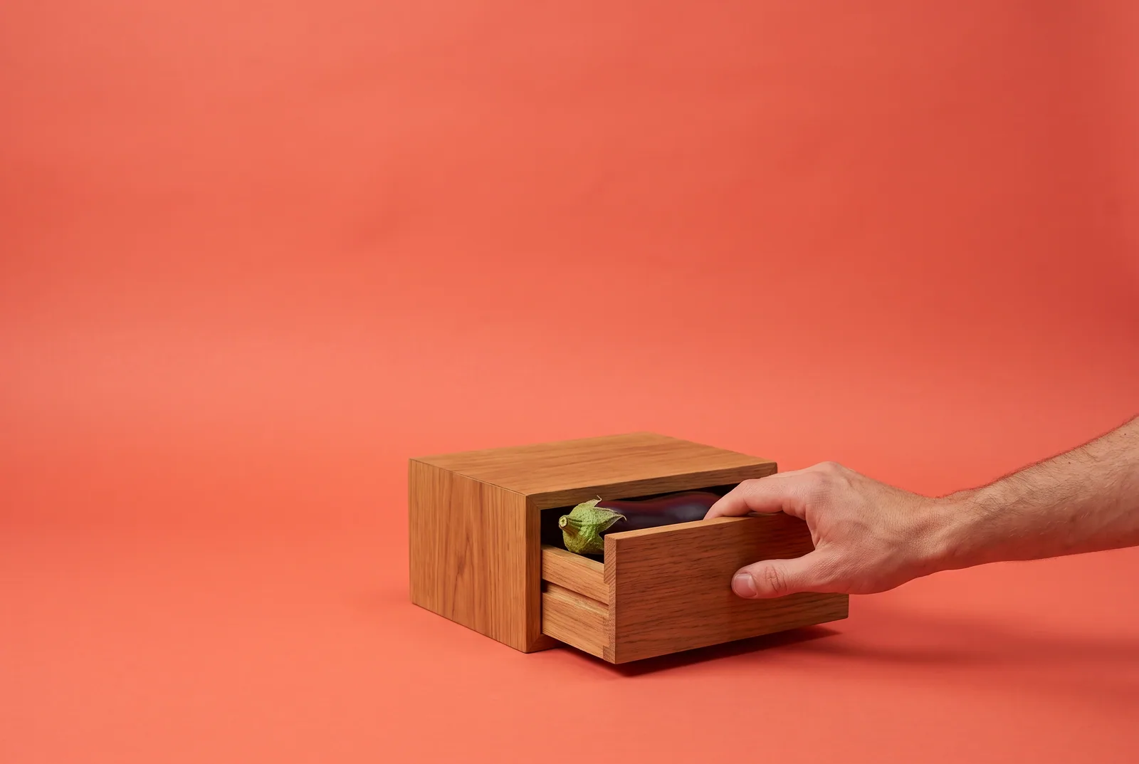 A hand closing a small wooden drawer on an eggplant, limiting the X app to stop NSFW triggers