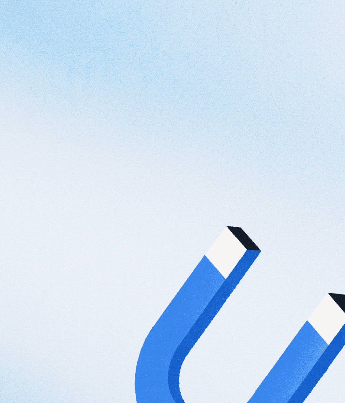 A close-up of a blue horseshoe magnet against a light blue background.