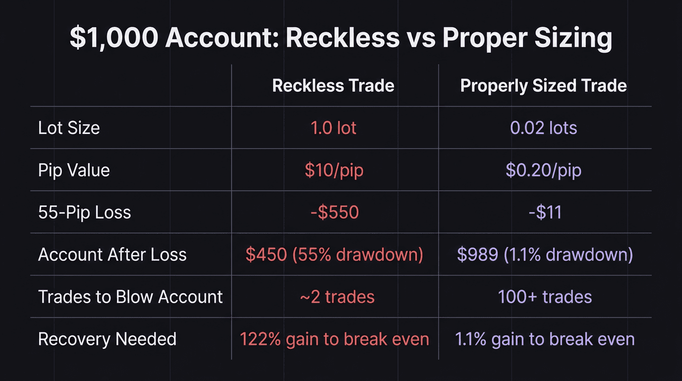 Diagram comparing a reckless trade versus a properly sized trade on a $1,000 forex account