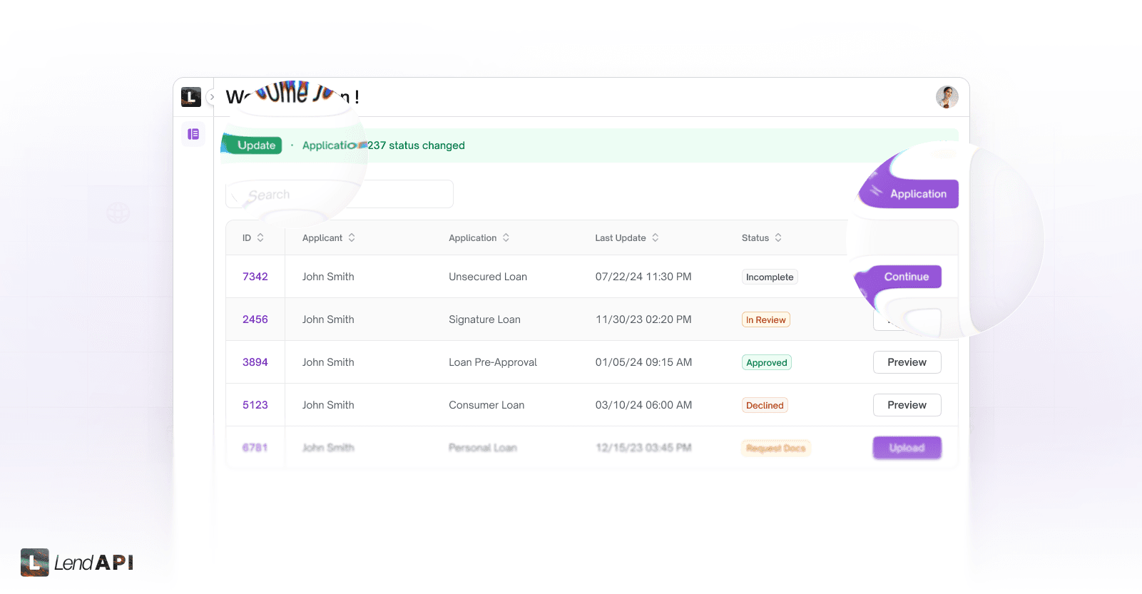LendAPI - User Dashboard - List View