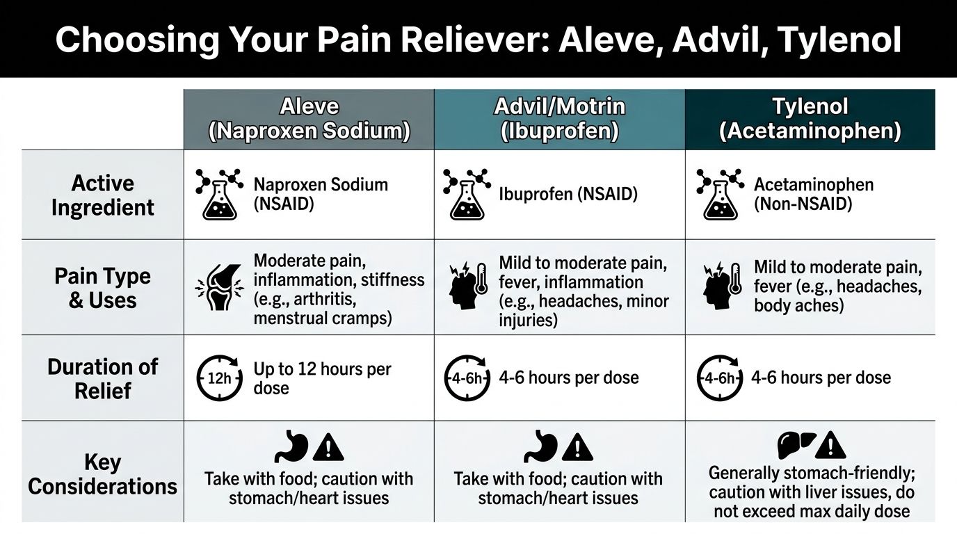 A comparison chart outlining active ingredients, uses, relief duration, and safety considerations for Aleve, Advil, and Tylenol.