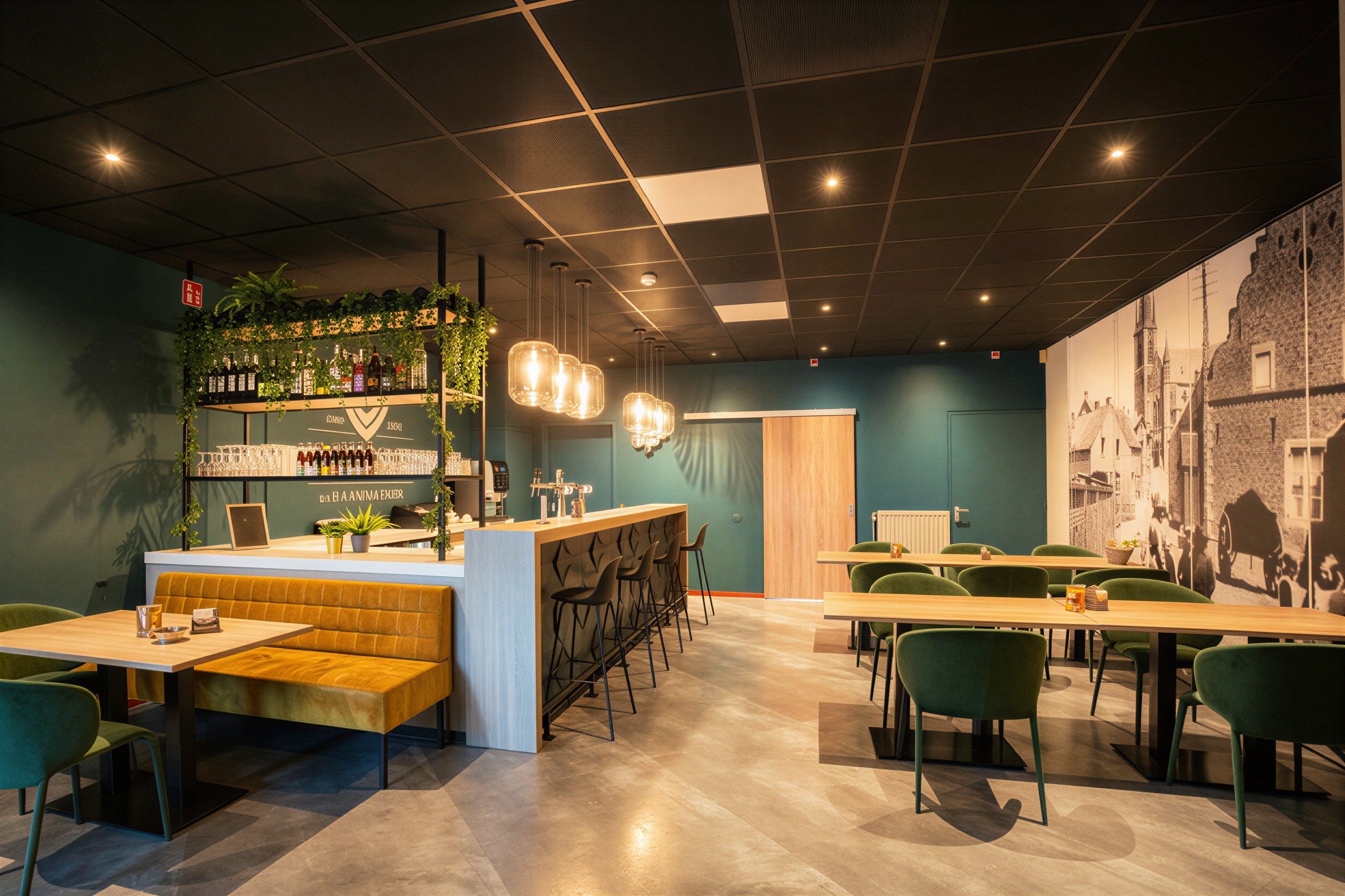 Open lay-out met historisch wandbeeld, modulaire velours zitelementen en een gelaagd lichtplan voor visuele warmte.