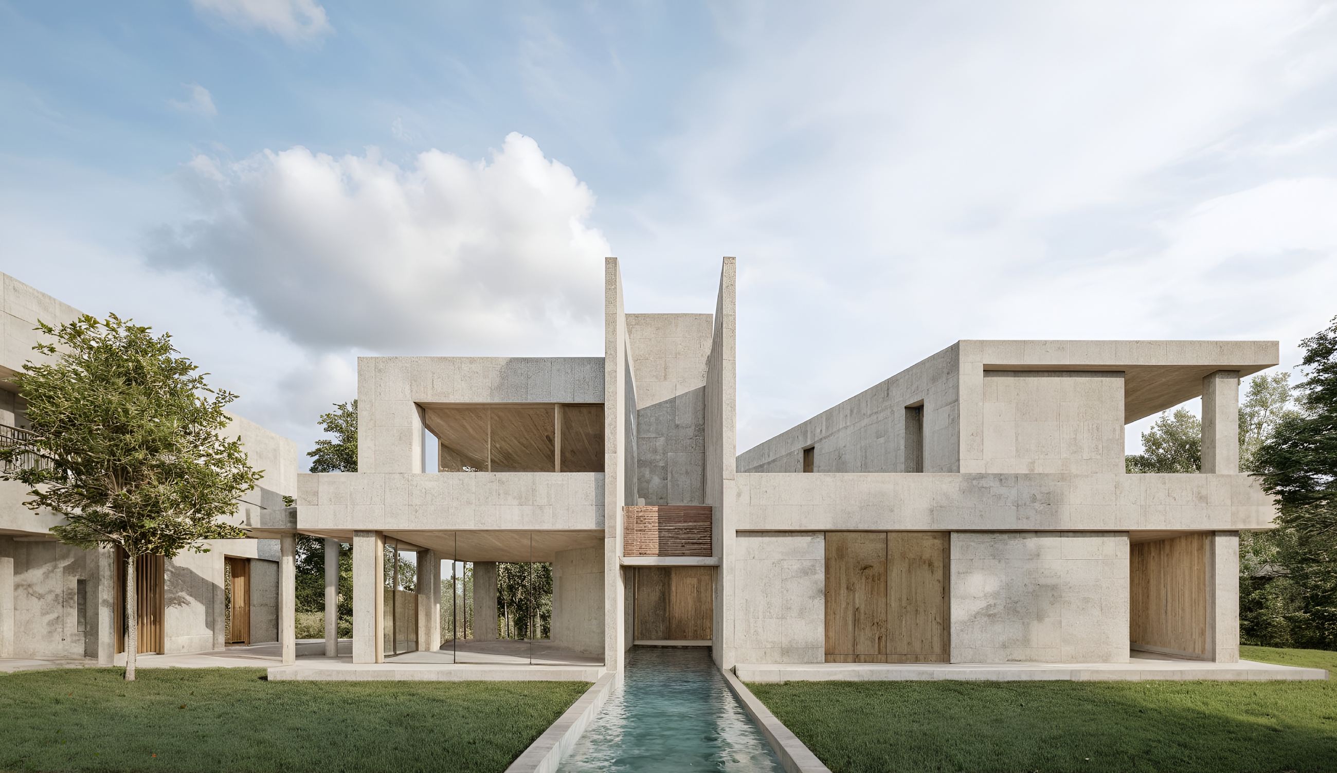 極簡混凝土建築外觀搭配線性欄杆與水池步道，強調幾何與材料純粹性