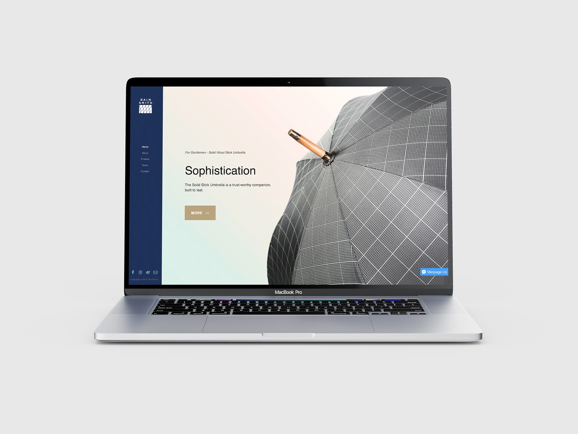 這張圖像展示了 RainSmith 的網站首頁,頁面上展示了一把格紋雨傘和 "Sophistication" 字樣。