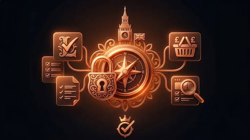 Glowing copper 3D illustration with a compass, padlock, Big Ben, and UK e-commerce checklist icons.