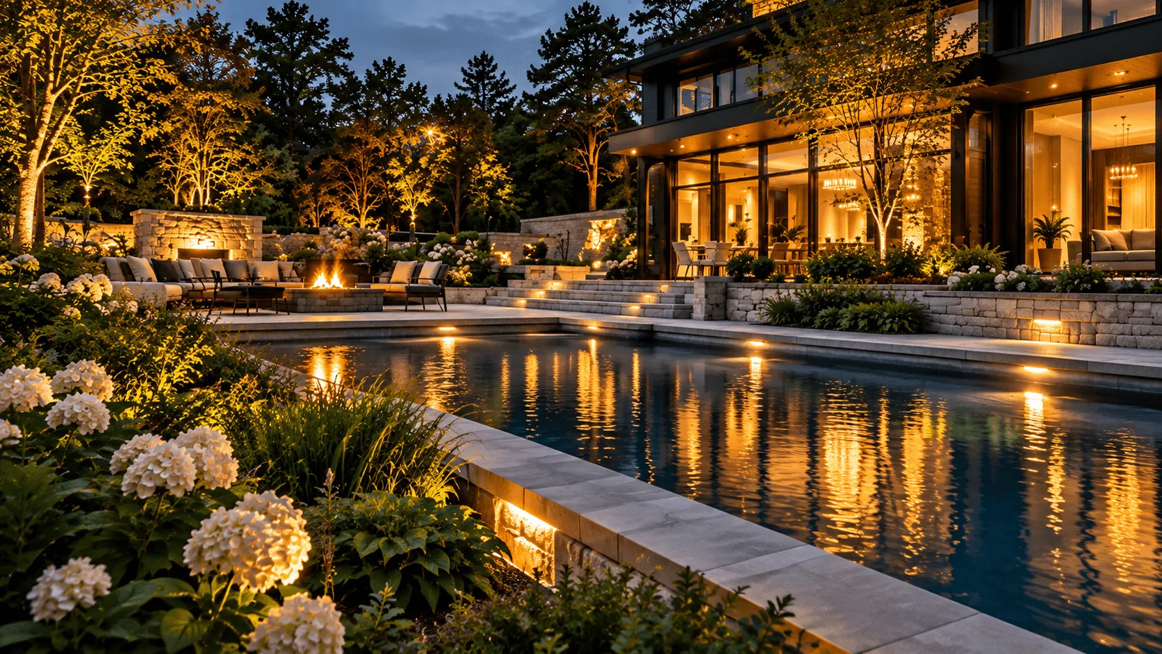 Pool edged with white hydrangeas, with lit terrace steps and the house behind at twilight