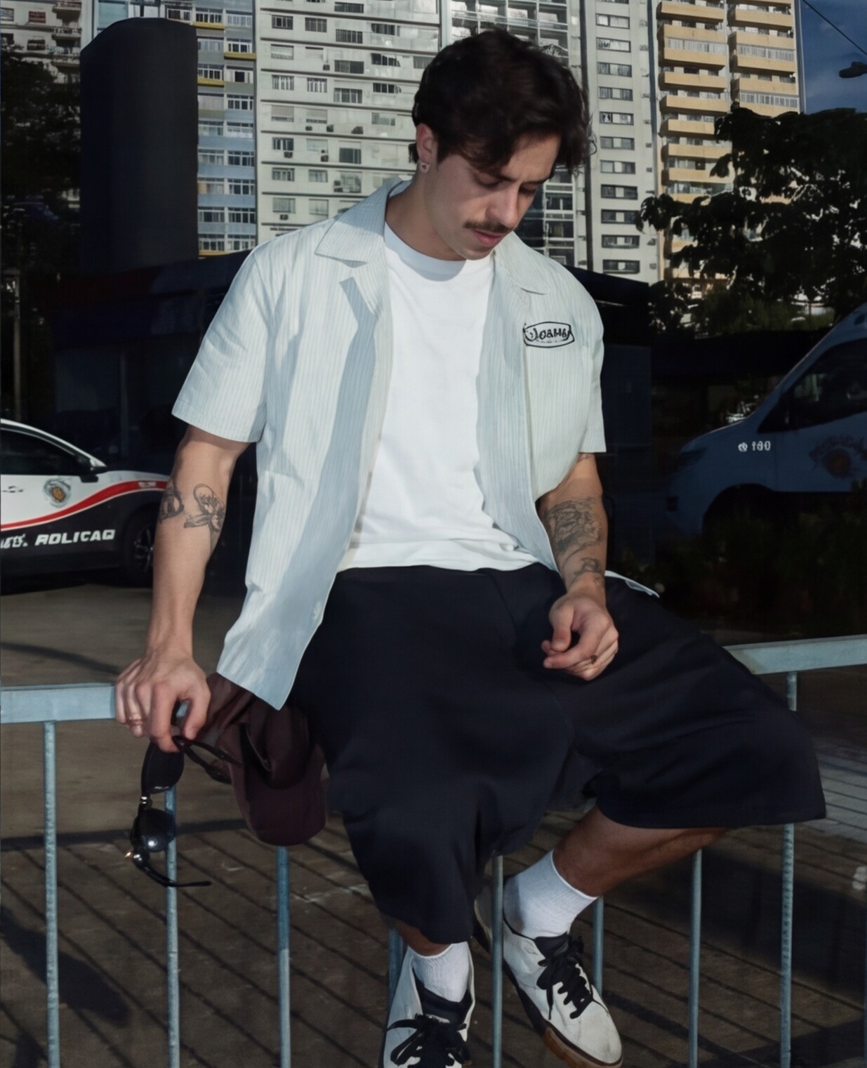 Mint Striped Shirt with Black Shorts