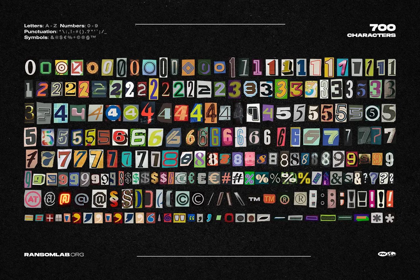 RansomLab set of high resolution numbers symbols and punctuation marks in various vintage magazine styles