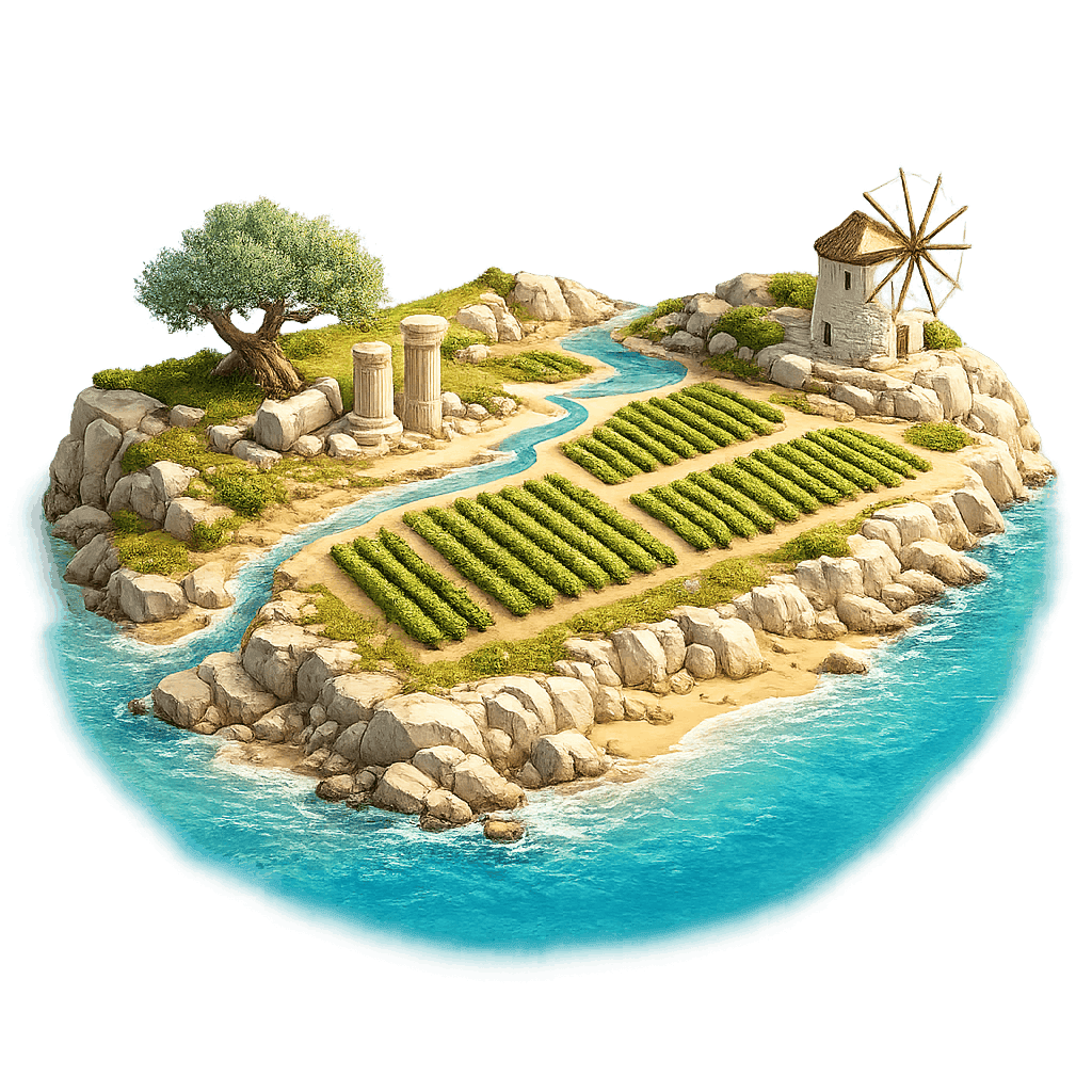 Artistic illustration of the Aegean wine region.