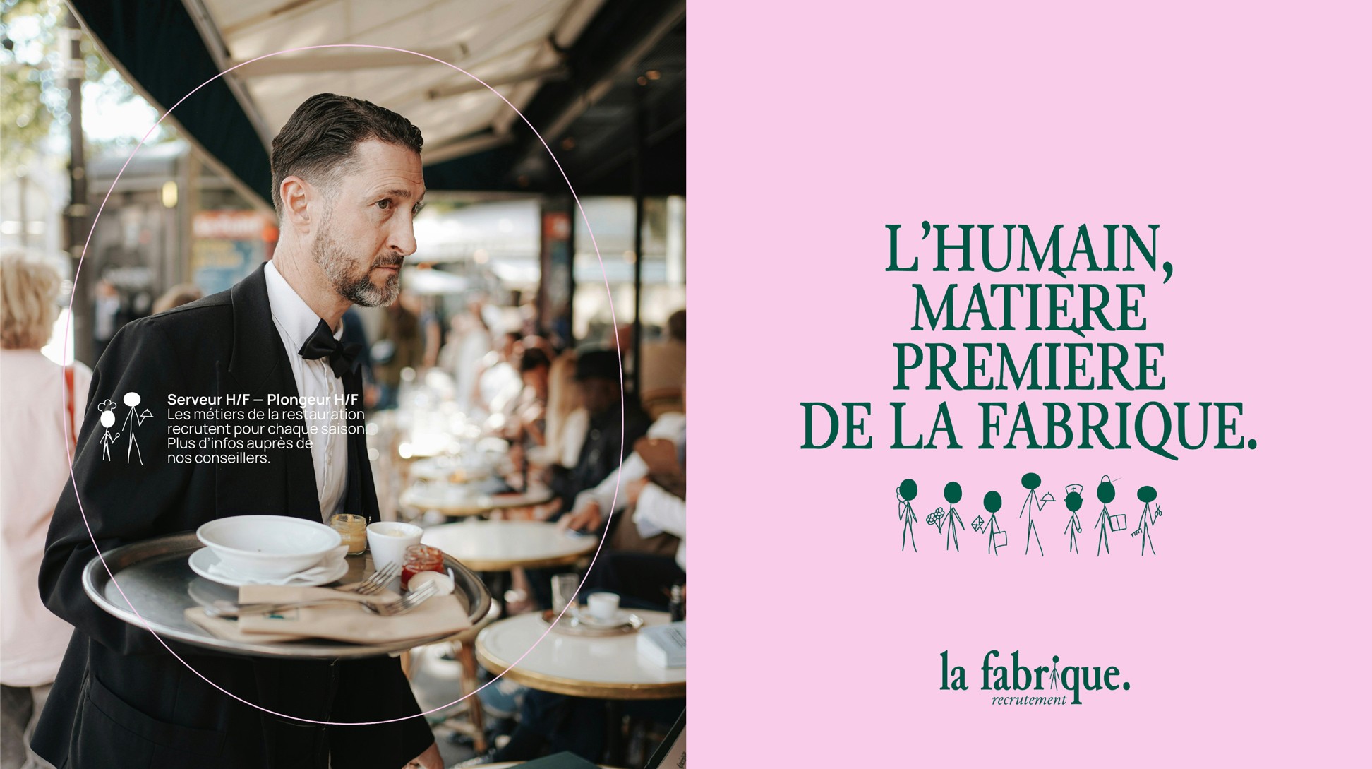 L'humain, matière première de La Fabrique. + photo d'un serveur et offre d'emploi.