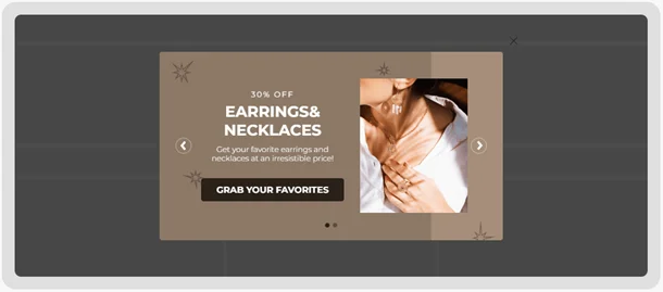 Jewelry store exit-intent carousel popup template by Claspo offering a 30% discount on earrings and necklaces to increase average order value and rescue sessions