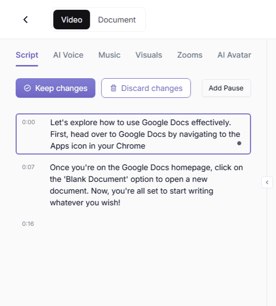 Regenerate or modify the voiceover by editing the script like how you would edit a document&nbsp;