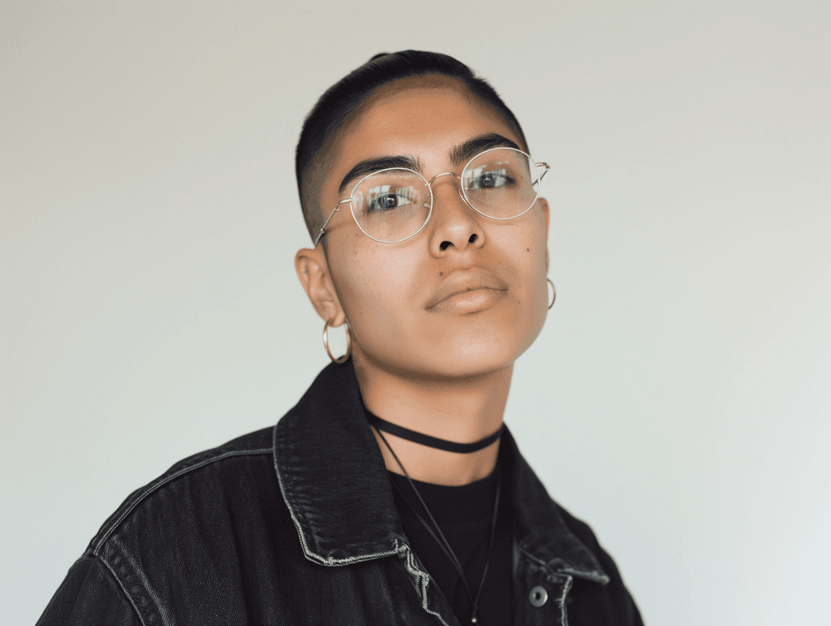 Confident person with short hair, glasses, and hoop earrings in a black denim jacket against a plain background.