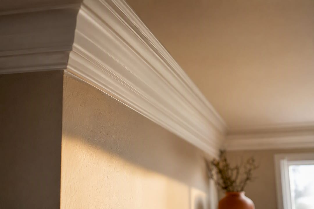 Detailed crown molding in formal living room