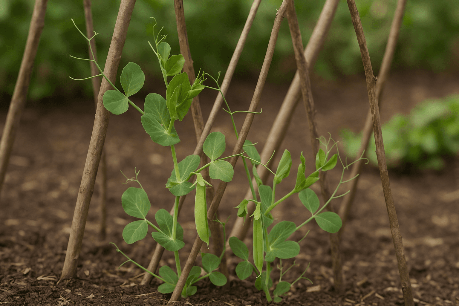 peas growing on a trellis made from sticks