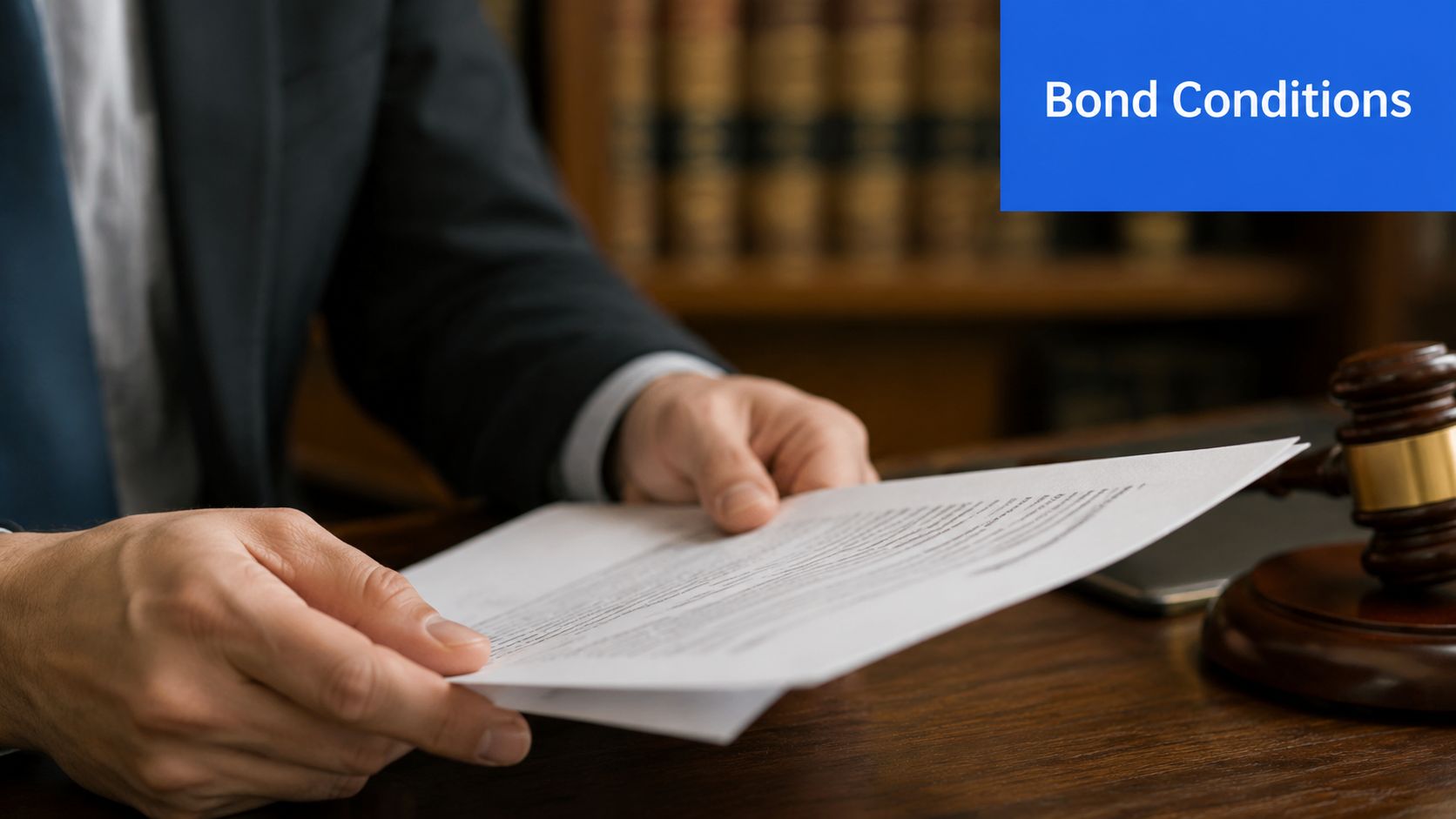 A judge or lawyer holds legal documents regarding bond conditions in a courtroom setting.