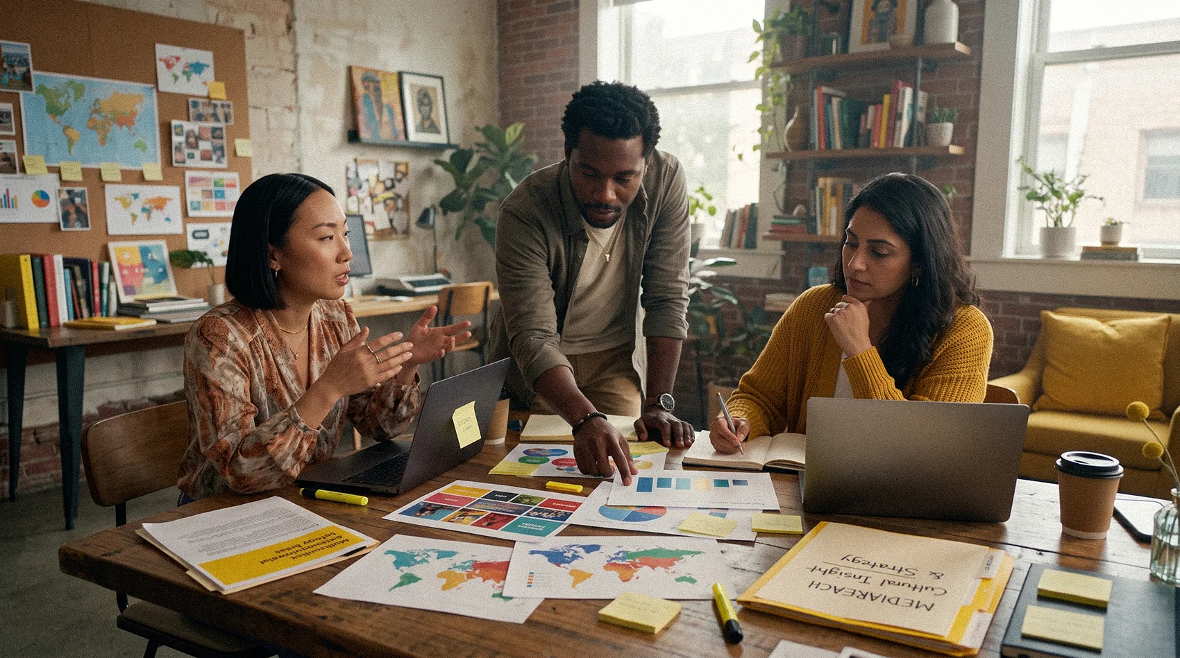 Diverse Mediareach team collaborating around a laptop in a modern office with brick wall background