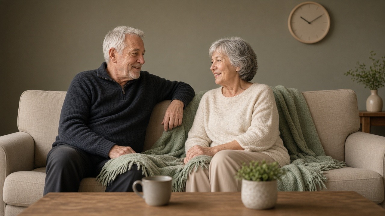 The image shows an elderly couple sitting comfortably on a beige sofa in a cozy, warmly lit living room. The man and woman are facing each other and appear engaged in a pleasant conversation, smiling warmly. The sofa is draped with a green knitted blanket, adding to the homely atmosphere. In the foreground, a wooden coffee table holds a grey ceramic mug and a small potted plant. The background features a neutral-colored wall with a simple round clock and a vase with greenery on a side table, creating a calm and inviting environment. This image is suitable for illustrating topics related to cognitive engagement, social interaction, aging, mental health, and elderly care.