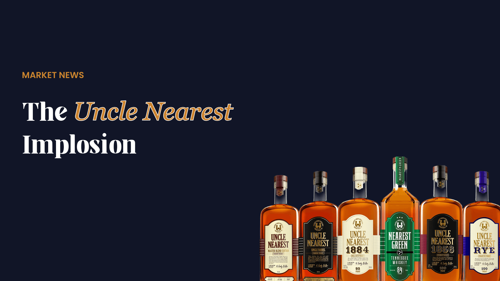 A promotional image titled "The Uncle Nearest Implosion" against a dark navy background. The text "MARKET NEWS" appears in the top left, and six distinct bottles of Uncle Nearest Premium Whiskey are lined up in the bottom right corner.