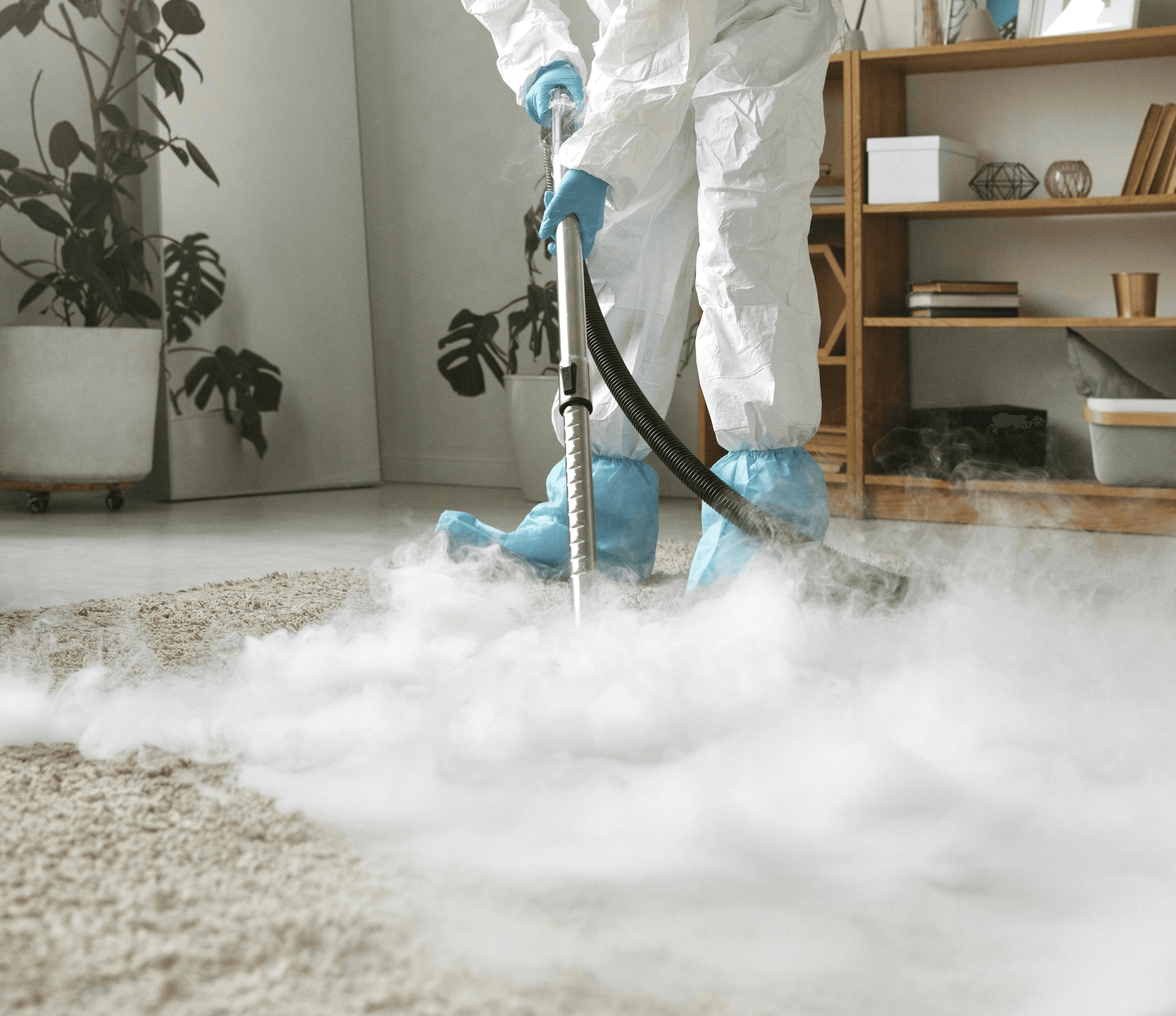 A person in protective suit cleans a carpet.