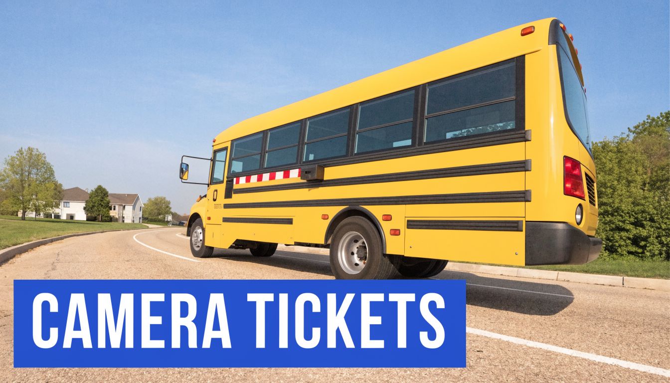 A yellow school bus driving on a curved road with the text Camera Tickets overlaid.