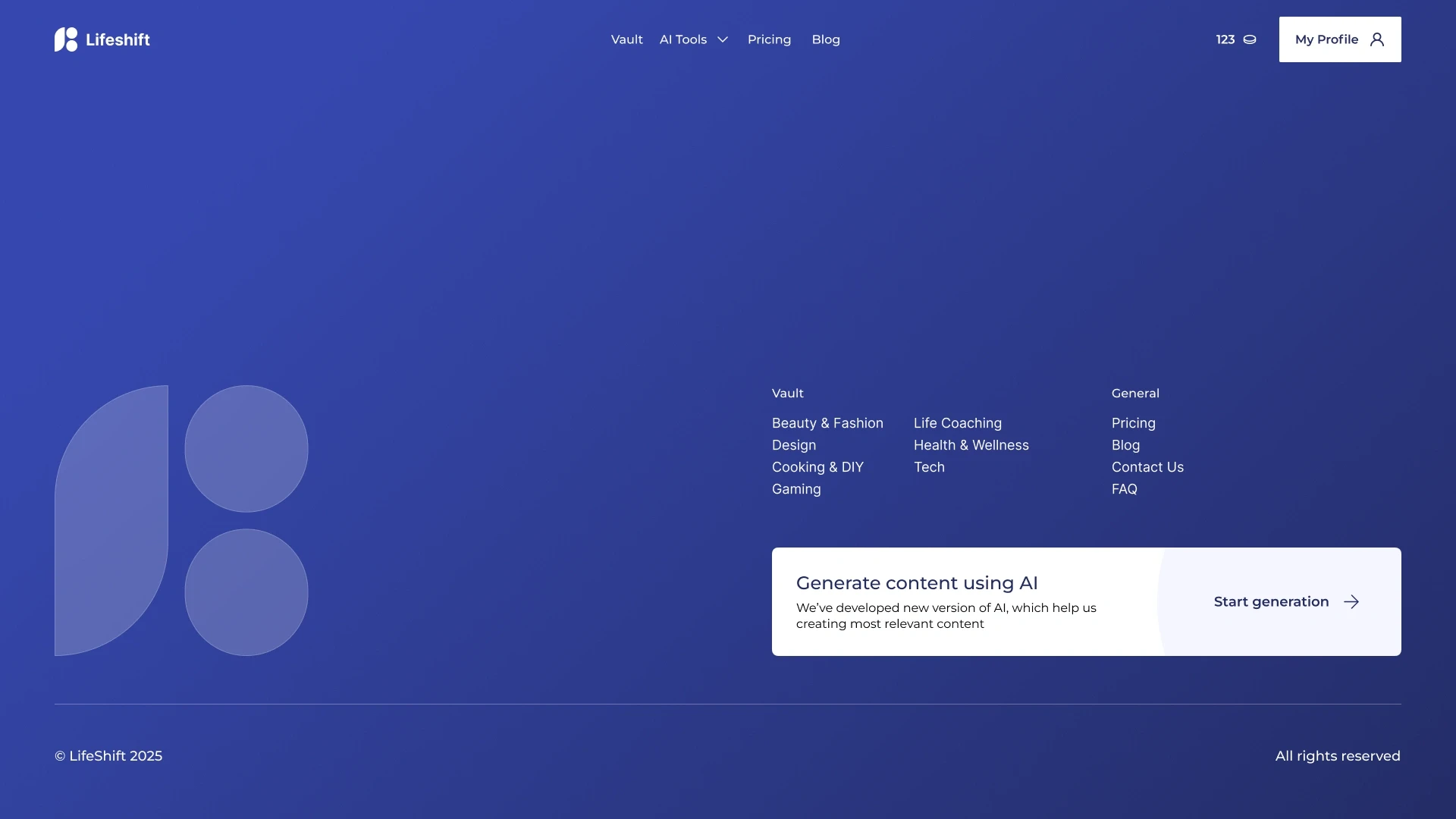 Lifeshift footer with content categories, support links and a Start generation call to action in the AI content platform