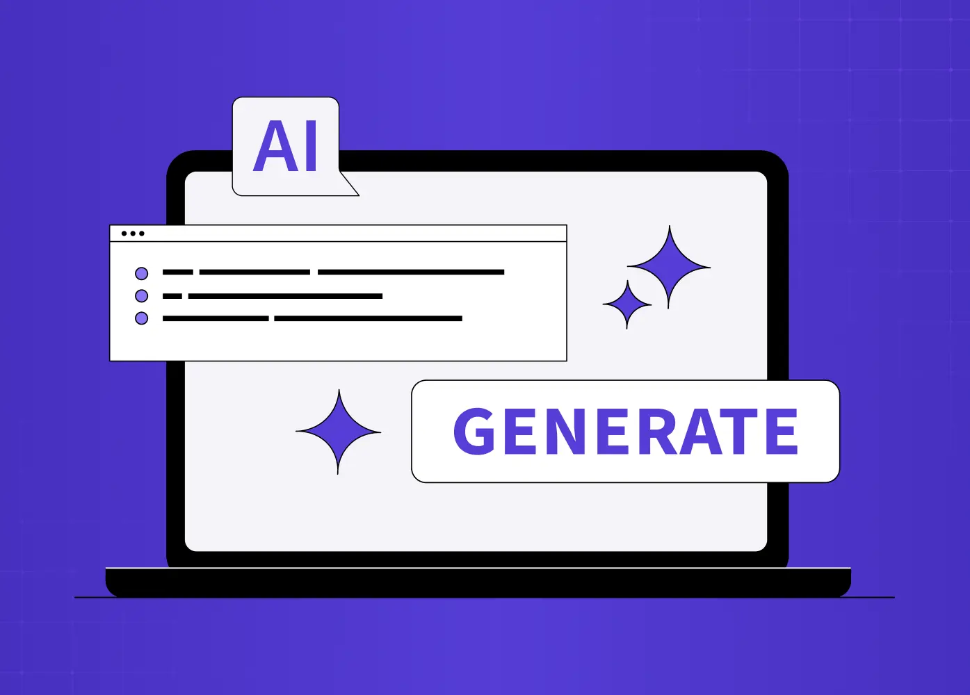 Illustration of an AI-powered interface generating content on a laptop, featuring a prompt window and a prominent "Generate" button.