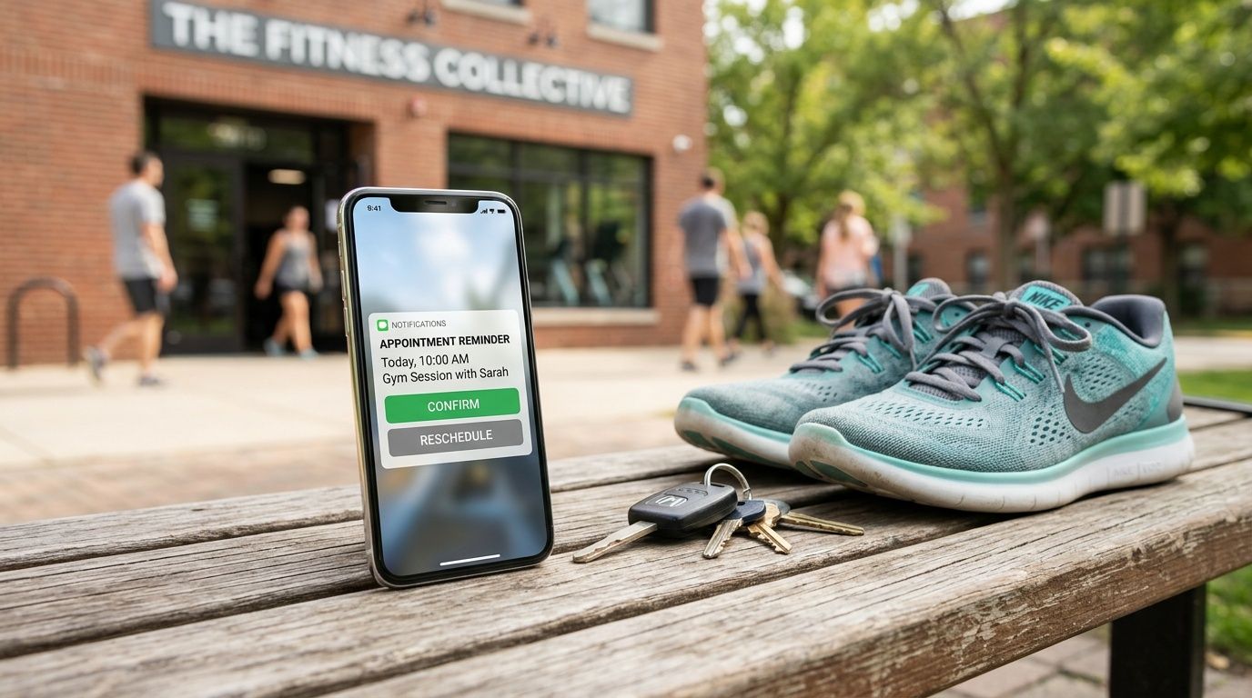 A smartphone showing a gym session reminder next to athletic shoes on a wooden park bench.