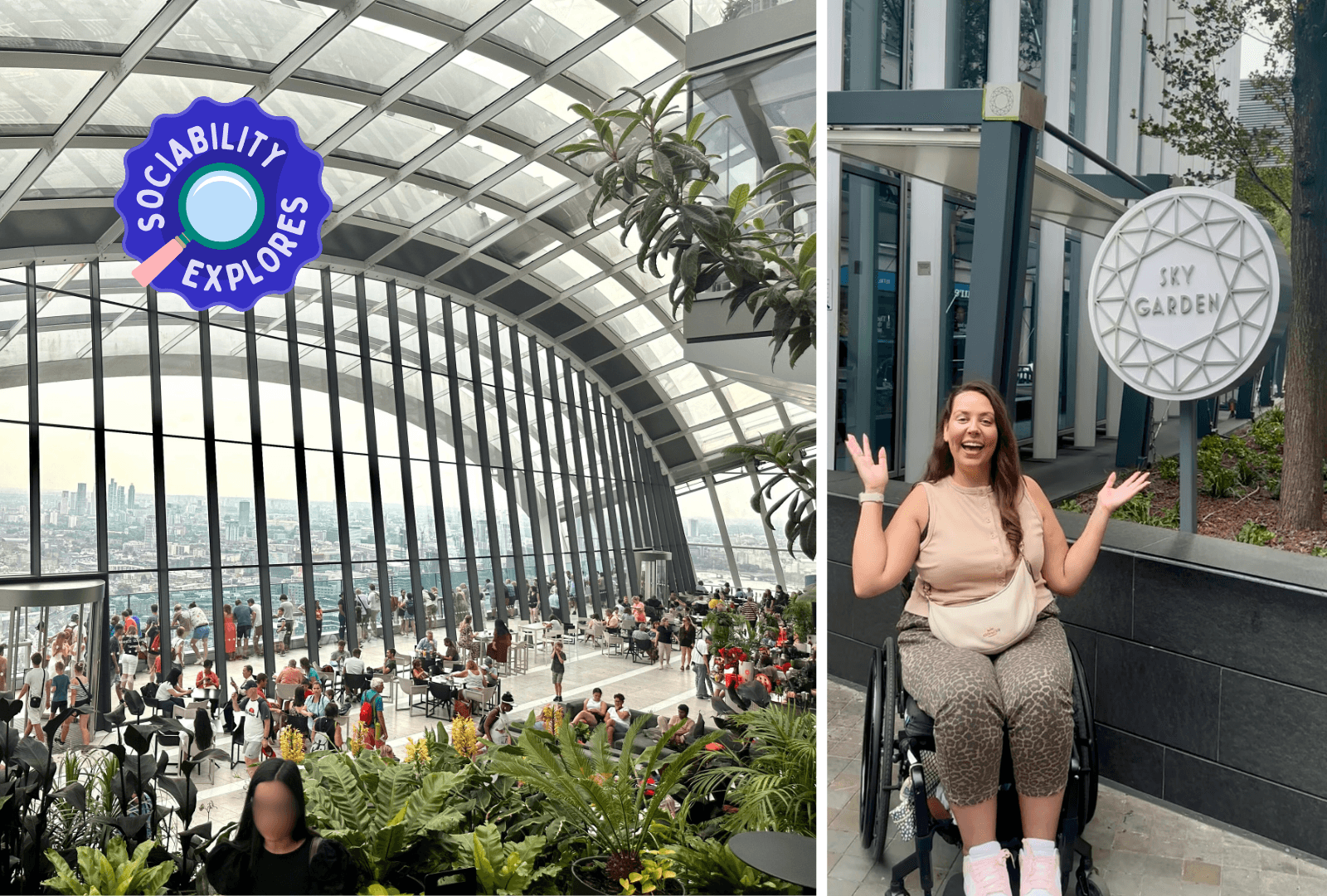Collage of 2 images with a view from the Sky Garden looking out across London and Jennie posed in front of the entrance sign.