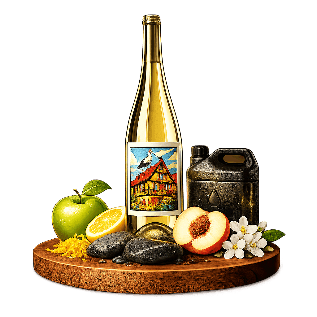 Artistic label and flavor profile for Alsace Riesling on a rustic wooden table.