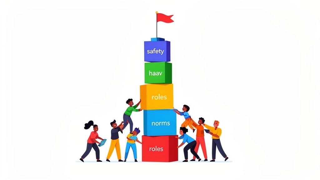 Diverse team building a colorful block tower labeled roles, norms, safety, and haav, topped with a flag.