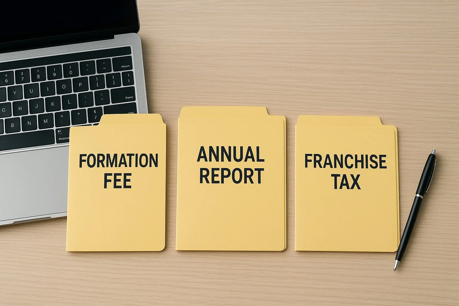 Three labeled folders—Formation Fee, Annual Report, and Franchise Tax—arranged on a desk beside a laptop and pen, representing main LLC costs.