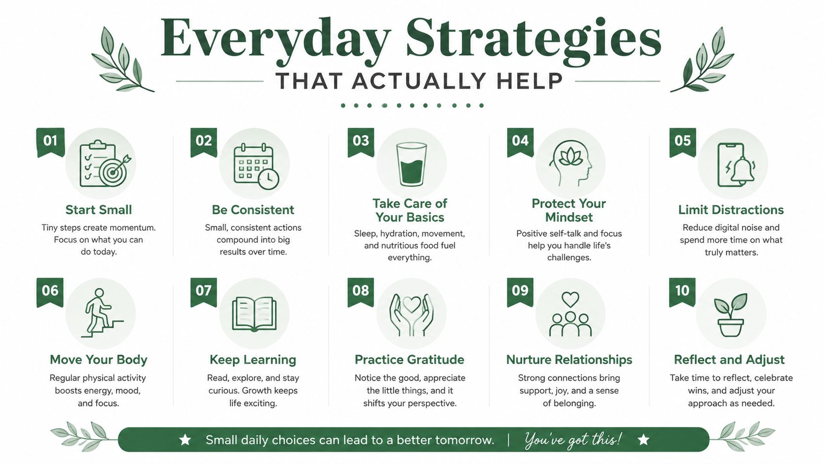 An infographic titled Everyday Strategies that lists ten numbered tips for personal growth and habit building.