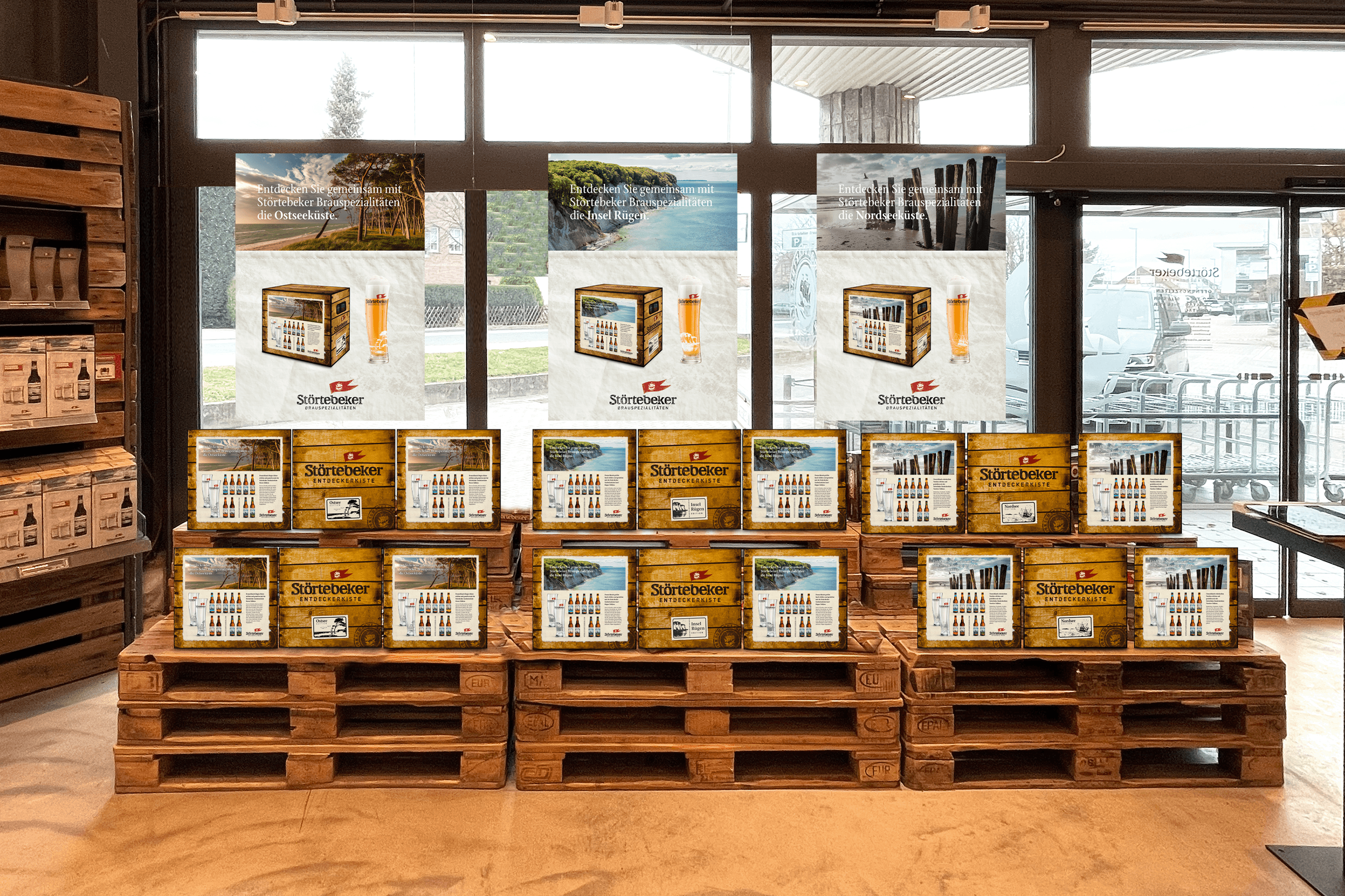 Störtebeker beer display with crates and posters.