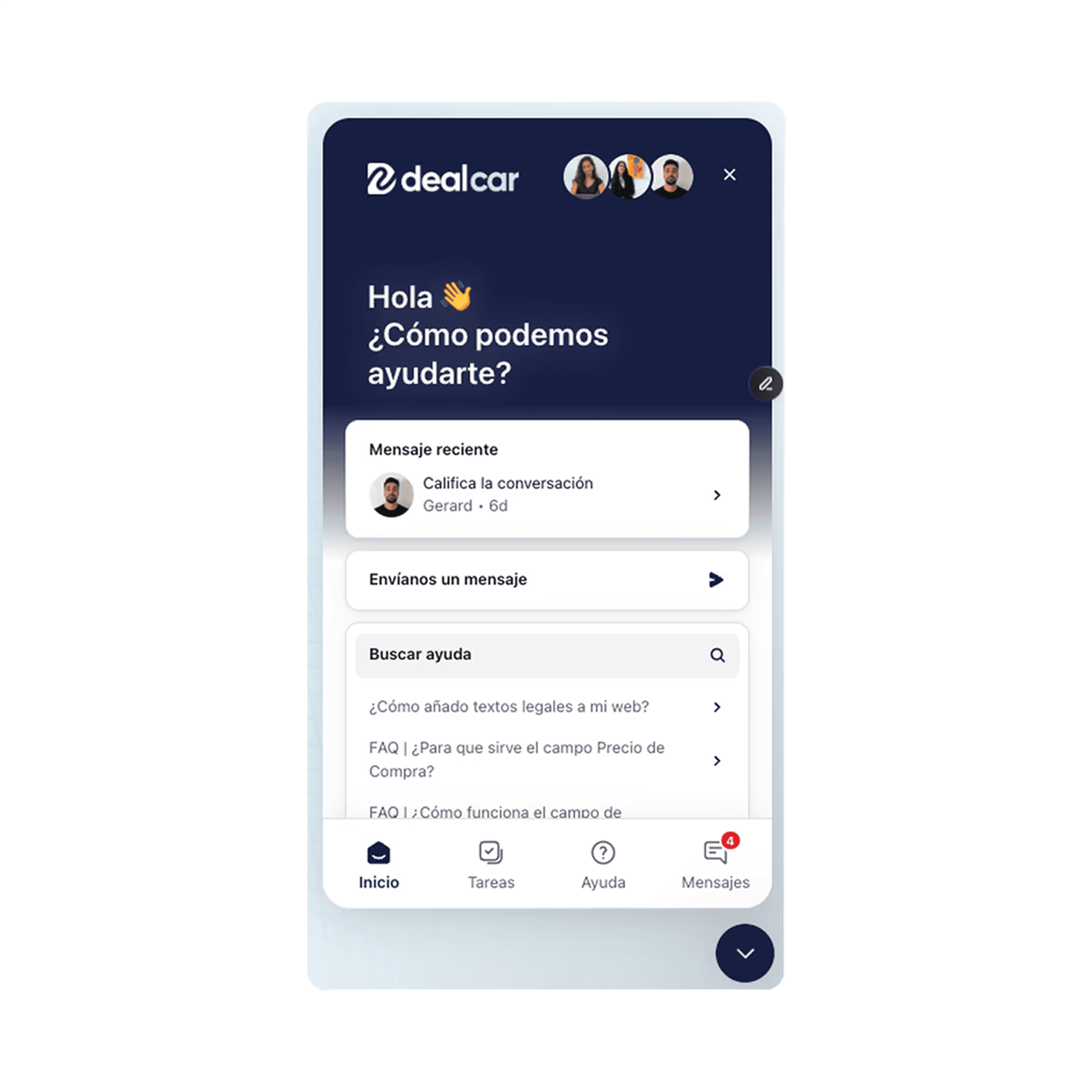 Interfaccia chat di Dealcar: opzioni di assistenza clienti.