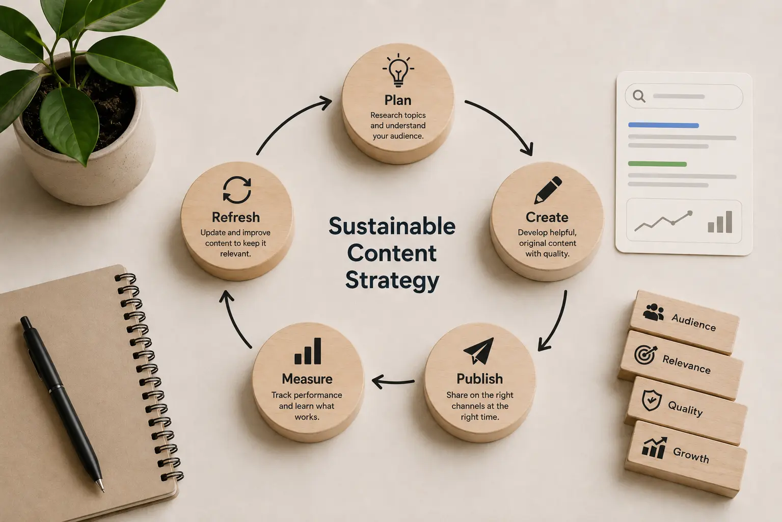A content strategy cycle showing how planning, publishing, measuring and refreshing content support sustainable growth.