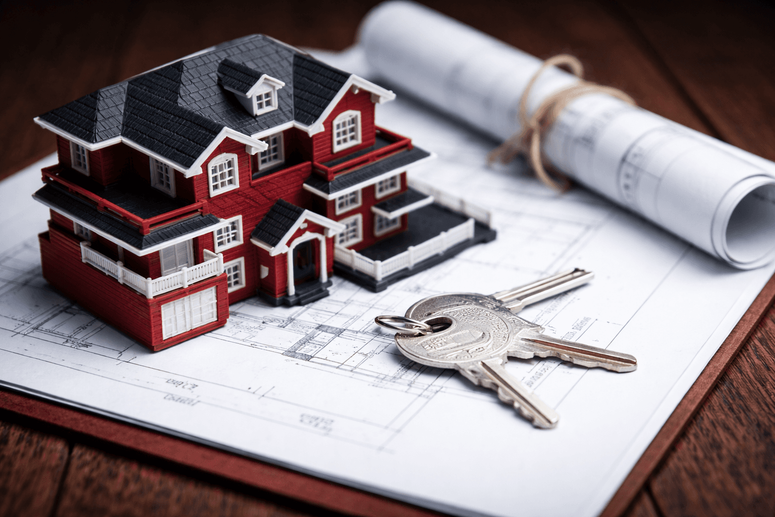 Real estate branding concept with house model, property blueprints, and keys representing brand identity and marketing for real estate companies.